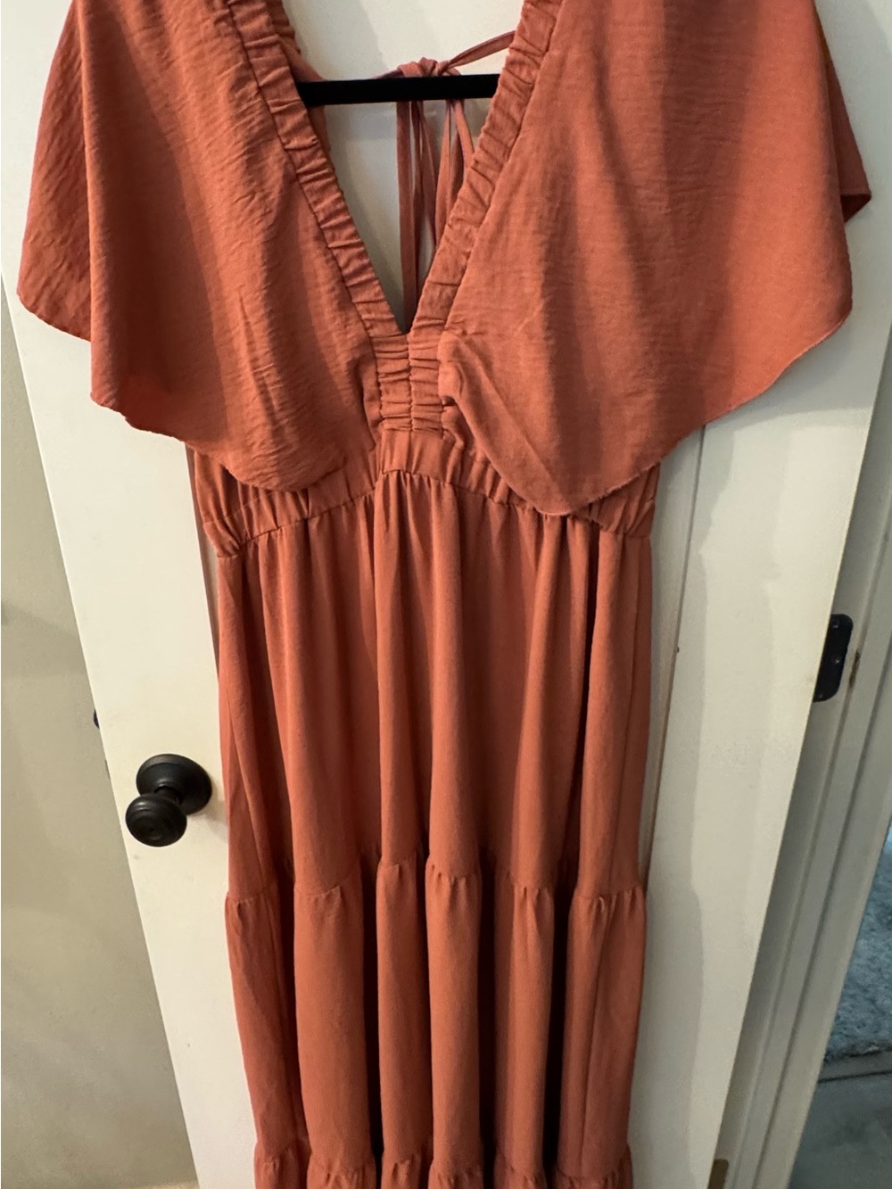Simplee Mauve Toned Tiered V-Neck Maxi Dress Flutter Sleeve